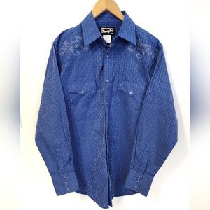 VTG Wrangler Western Pearl Snap Button Down Shirt Men's Medium | Blue & White
